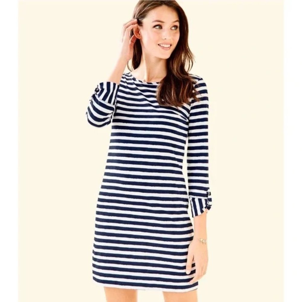 Lilly Pulitzer Marlowe Striped Navy and White 3/4 Sleeve Dress Size M